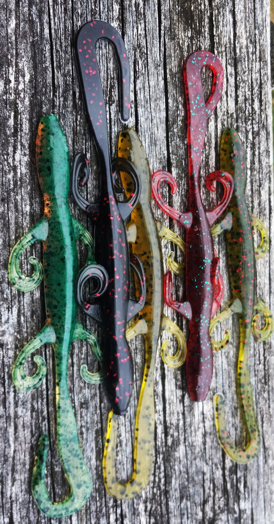 Motor Oil, Black w'/Red Flake, Green Pumpkin, Red Bug, Watermelon Red Lizard